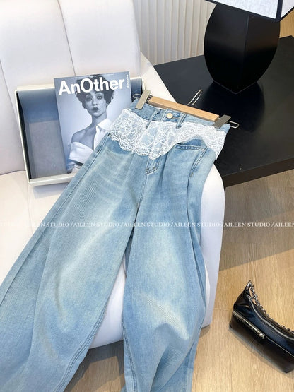Jeans women 2025 spring new Korean Dongdaemun design lace stitching loose straight wide-leg pants