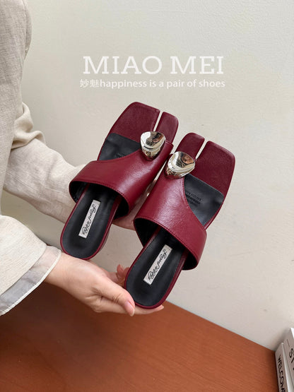 2026 Summer New Trendy Square Toe Flip-Flops Women's White Chunky Heel Slip-On Sandals