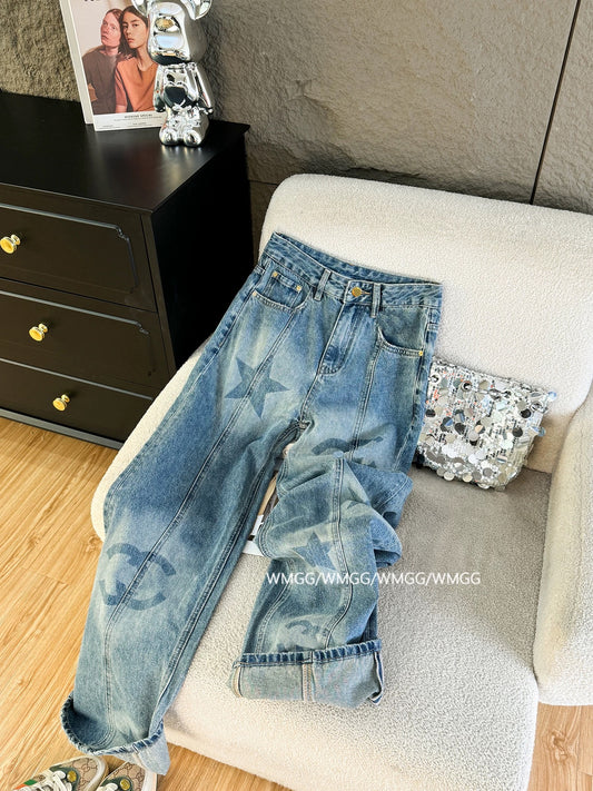 Retro washed blue jeans for women niche design star print super hot 2025 new high waist wide leg pants
