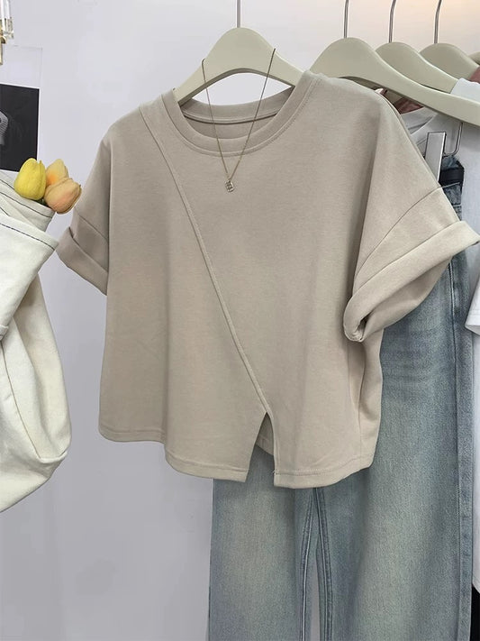 Irregular slit shoulder short-sleeved T-shirt for women in summer 2025 new design niche straight shoulder short cotton top