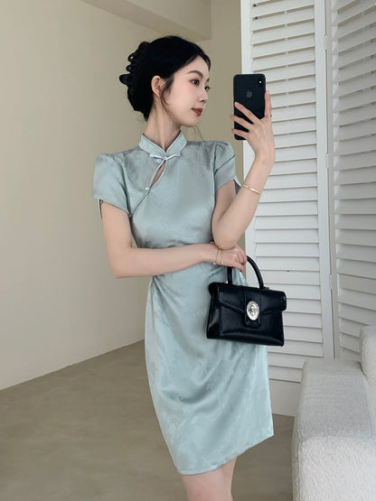 Guoge's new blue Chinese dress for women 2024 summer new style high-end waist slimming satin skirt