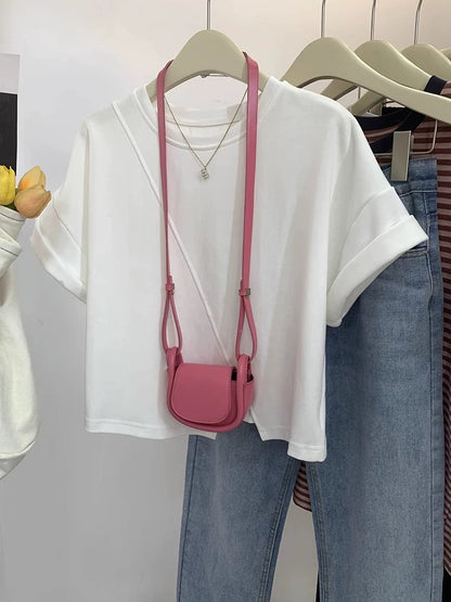 Irregular slit shoulder short-sleeved T-shirt for women in summer 2025 new design niche straight shoulder short cotton top