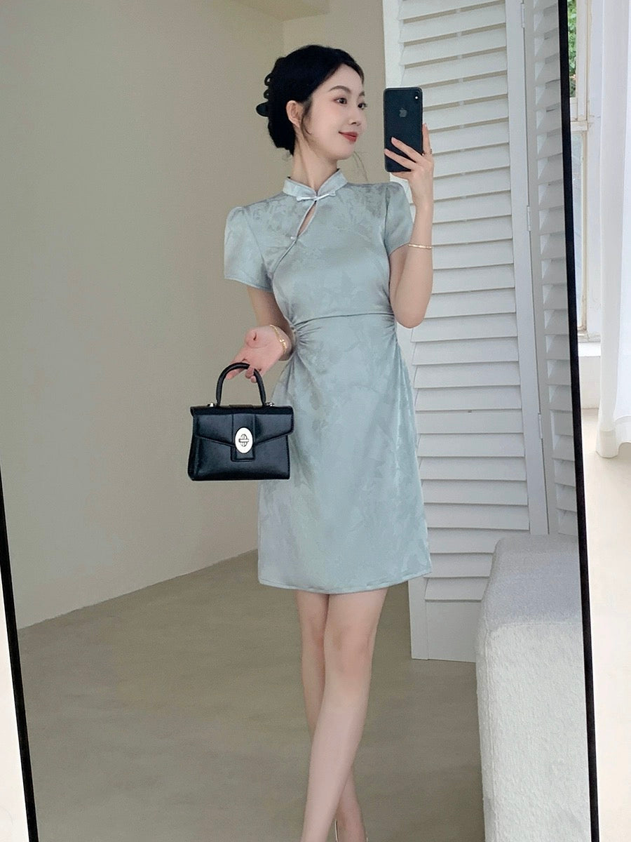 Guoge's new blue Chinese dress for women 2024 summer new style high-end waist slimming satin skirt