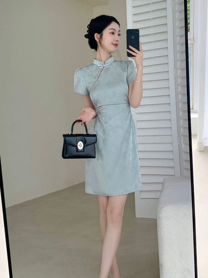 Guoge's new blue Chinese dress for women 2024 summer new style high-end waist slimming satin skirt