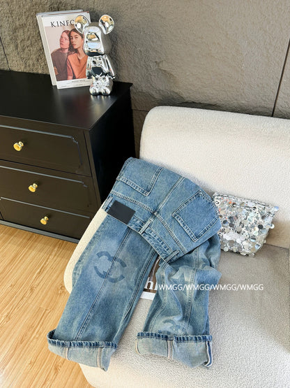 Retro washed blue jeans for women niche design star print super hot 2025 new high waist wide leg pants