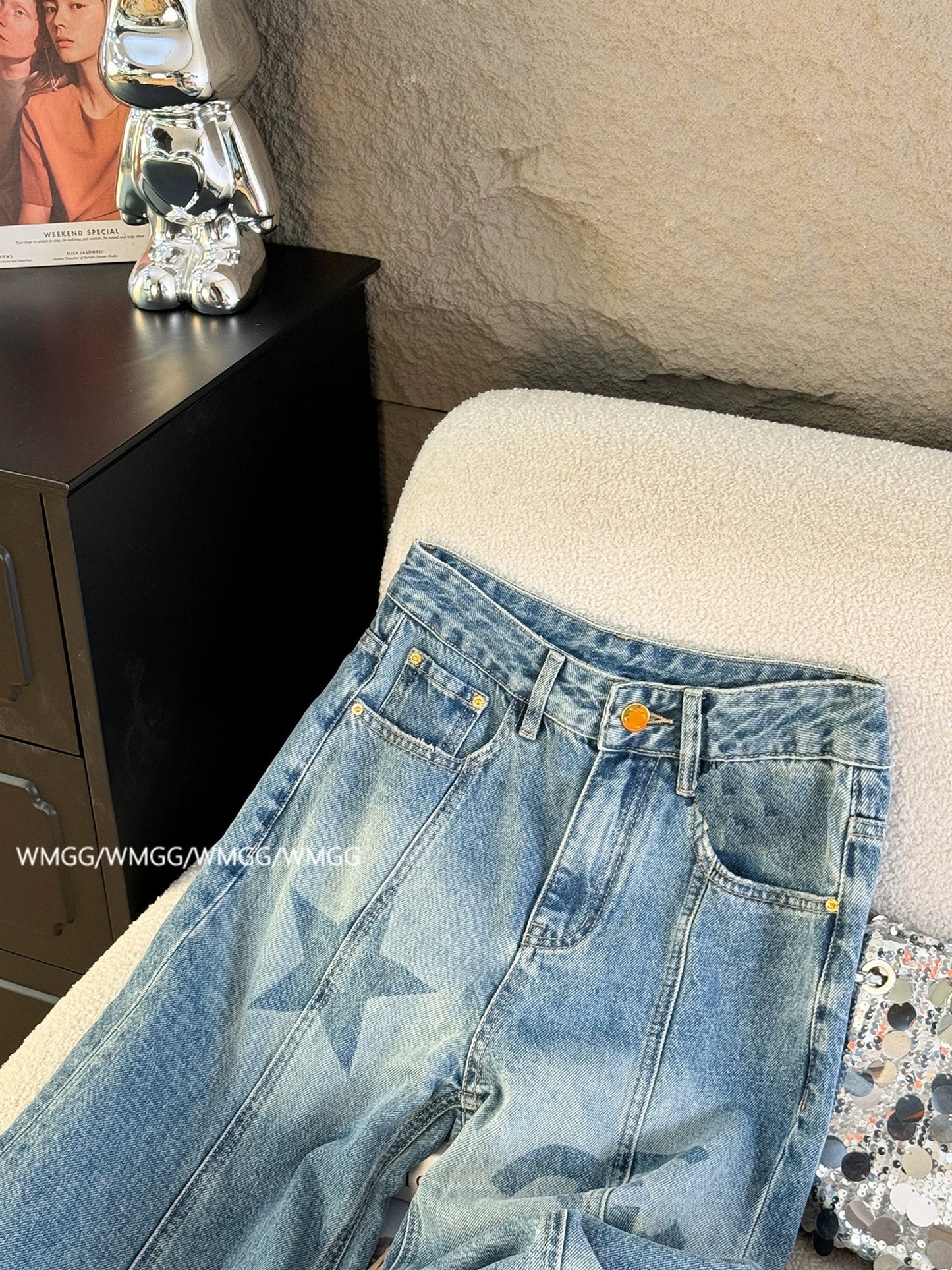 Retro washed blue jeans for women niche design star print super hot 2025 new high waist wide leg pants