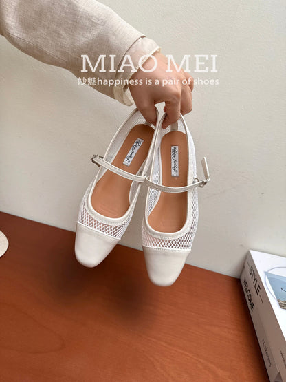 Gentle evening breeze woven hollow sandals for women, square toe, shallow mouth, flat shoes, new summer style, breathable Mary Jane shoes