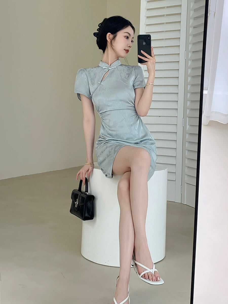 Guoge's new blue Chinese dress for women 2024 summer new style high-end waist slimming satin skirt