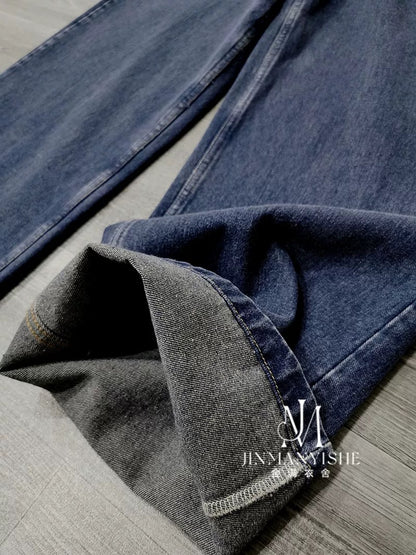 Washed and distressed French-style patch pocket design, mid-high waist, slimming, loose straight leg jeans, casual autumn trousers for women.