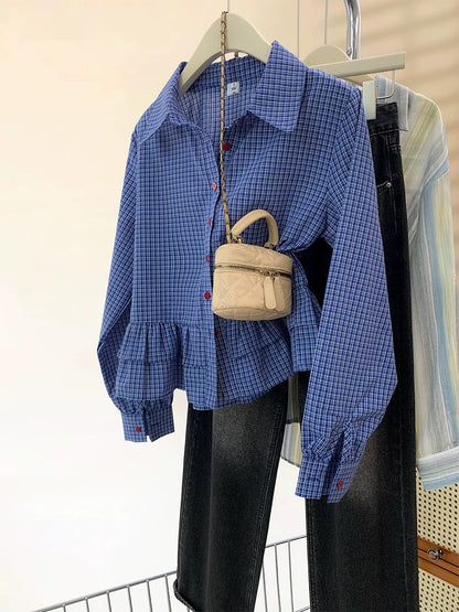 Blue plaid ruffled long-sleeved shirt for women spring and autumn 2025 new design small shirt short top