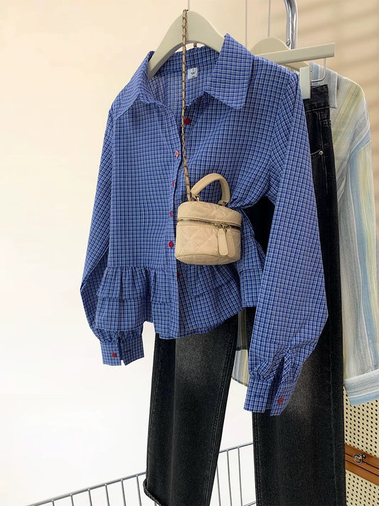 Blue plaid ruffled long-sleeved shirt for women spring and autumn 2025 new design small shirt short top