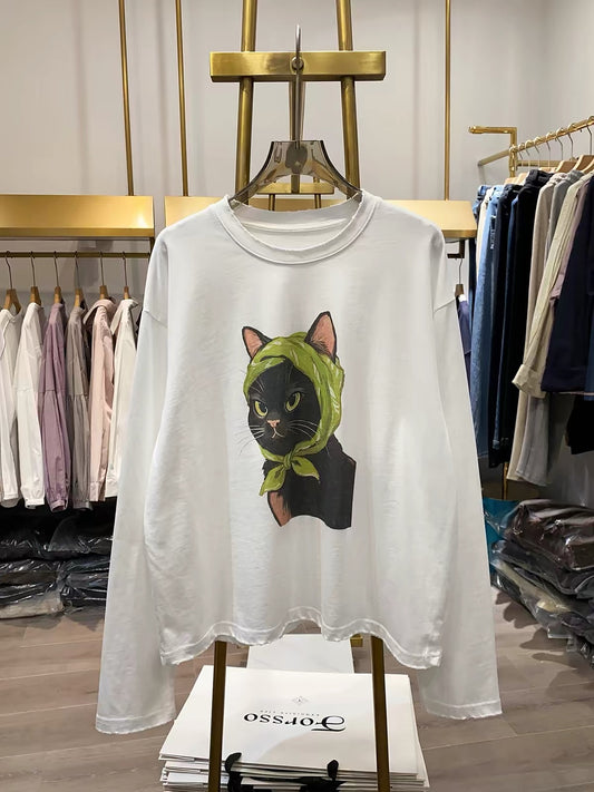 [Real-life shot from Xiao Ai's shop] Autumn 2026 Korean-style loose-fit long-sleeve sweatshirt for women featuring a quirky cat print—a youthful, flattering top.