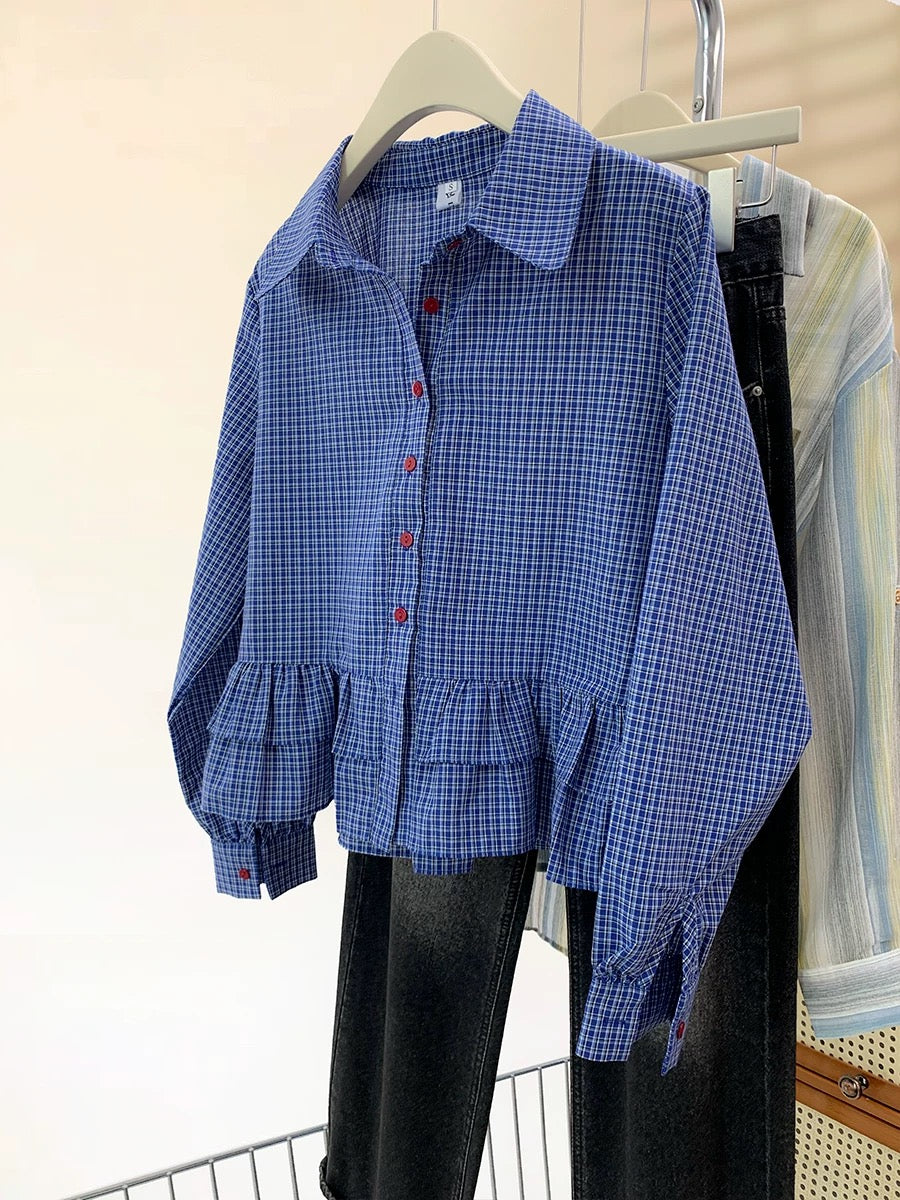 Blue plaid ruffled long-sleeved shirt for women spring and autumn 2025 new design small shirt short top