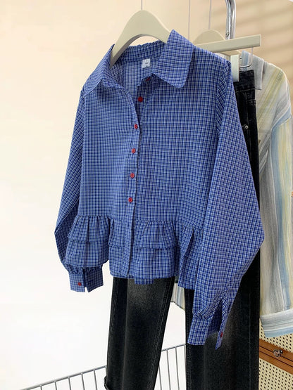 Blue plaid ruffled long-sleeved shirt for women spring and autumn 2025 new design small shirt short top