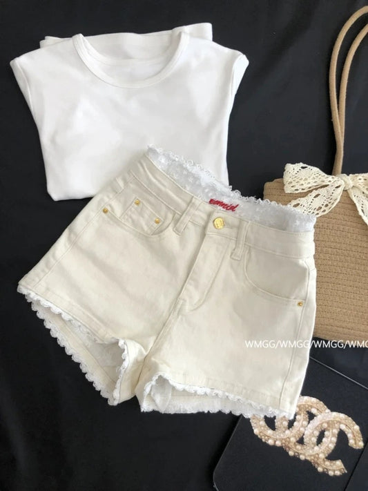 White shorts women 2025 new summer thin Korean style chic chic wear lace stitching jeans