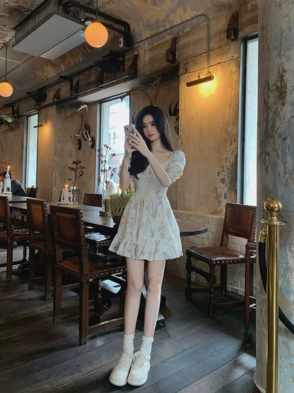 famouswang2023 new summer style temperament summer floral square collar printed dress for small women