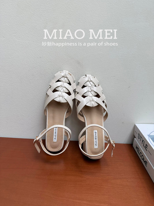 Women's retro-style, artistic, French-inspired summer Mary Jane sandals (2026) with woven openwork chunky heels.