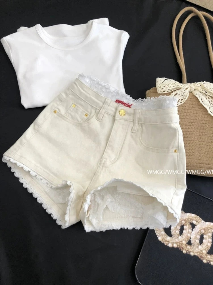 White shorts women 2025 new summer thin Korean style chic chic wear lace stitching jeans
