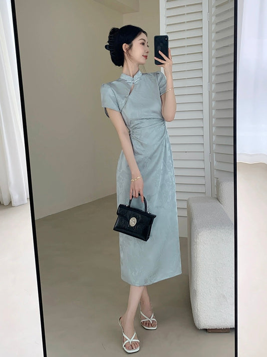 FT GUOGE blue new Chinese style dress for women 2024 new summer style, beautiful temperament, slimming satin improved cheongsam