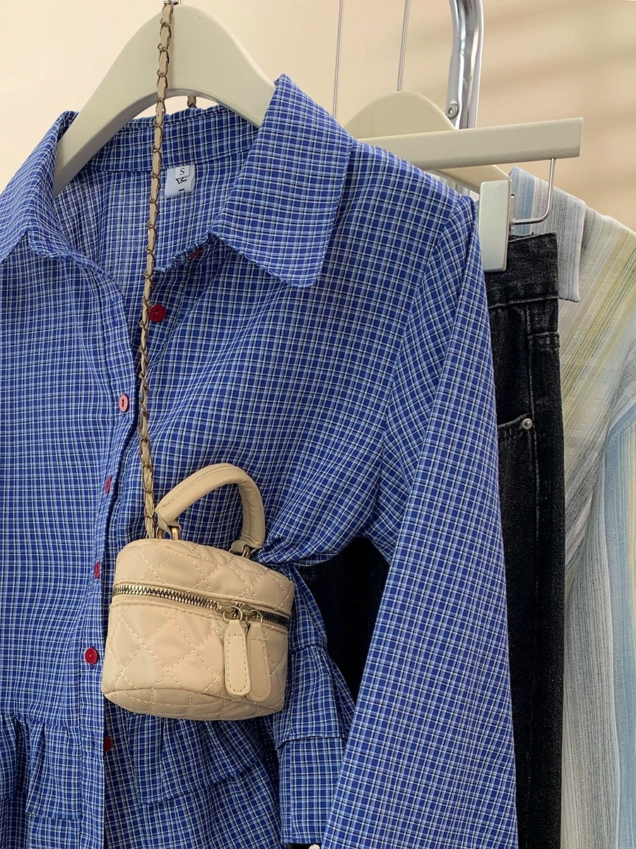 Blue plaid ruffled long-sleeved shirt for women spring and autumn 2025 new design small shirt short top