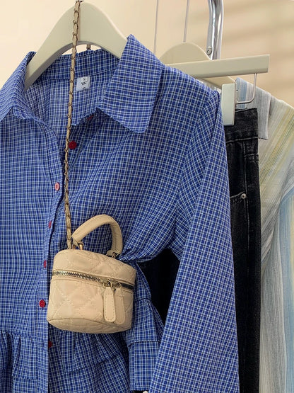 Blue plaid ruffled long-sleeved shirt for women spring and autumn 2025 new design small shirt short top