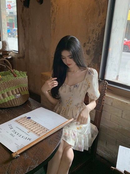 famouswang2023 new summer style temperament summer floral square collar printed dress for small women