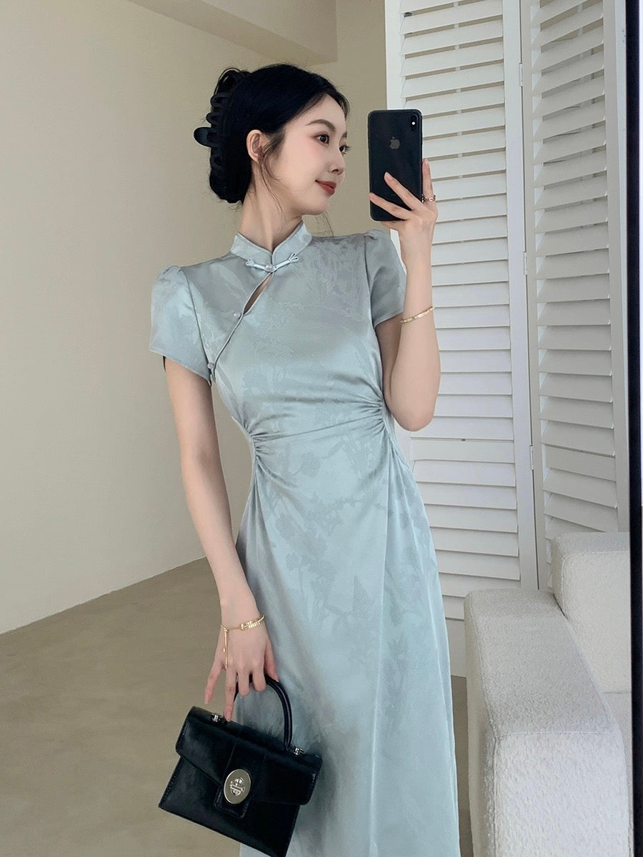 FT GUOGE blue new Chinese style dress for women 2024 new summer style, beautiful temperament, slimming satin improved cheongsam