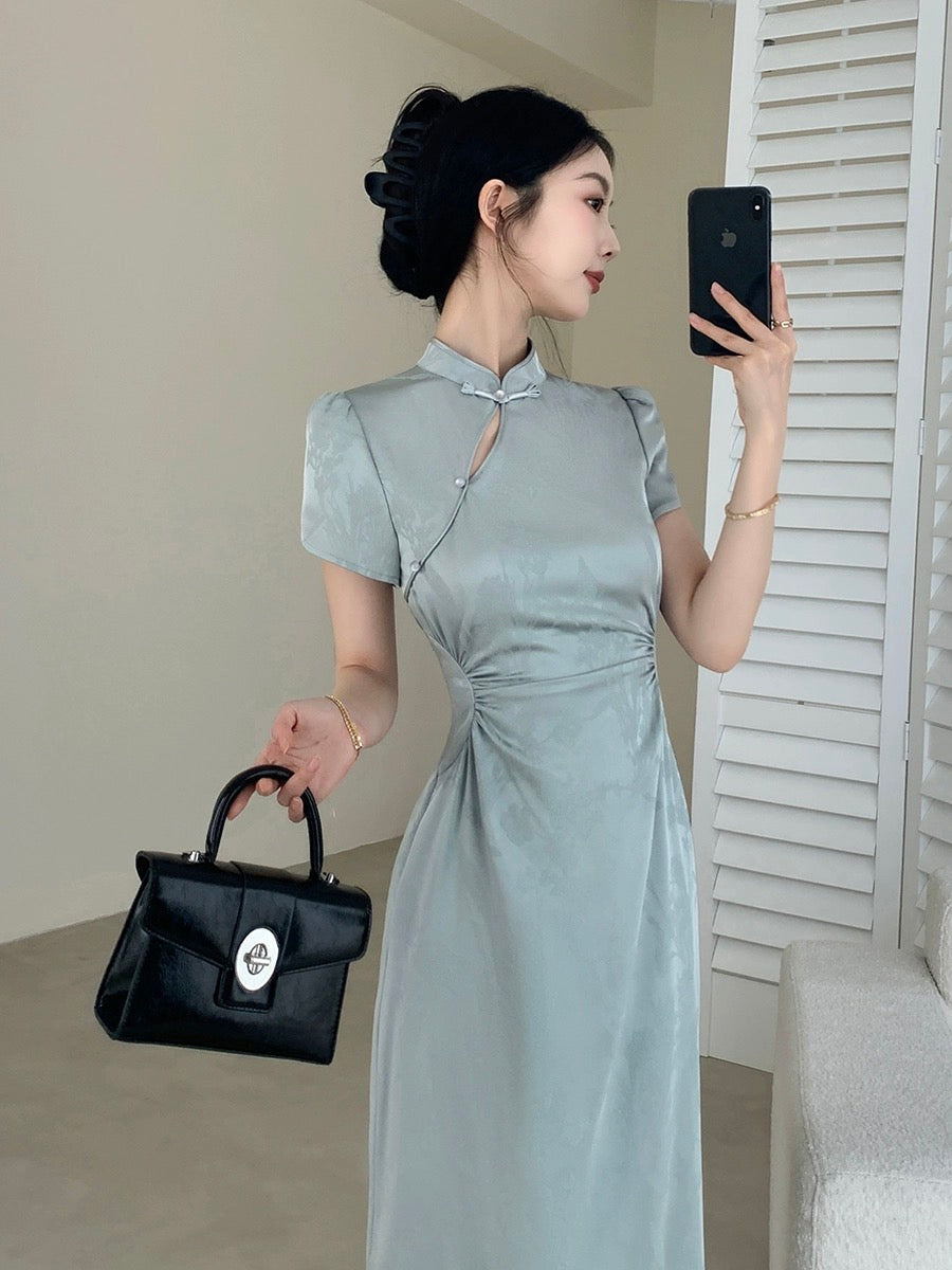 FT GUOGE blue new Chinese style dress for women 2024 new summer style, beautiful temperament, slimming satin improved cheongsam
