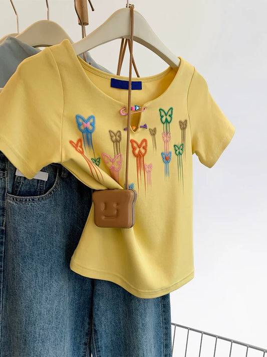 American retro yellow straight shoulder short-sleeved T-shirt for women in summer design for small size short-sleeved dopamine top