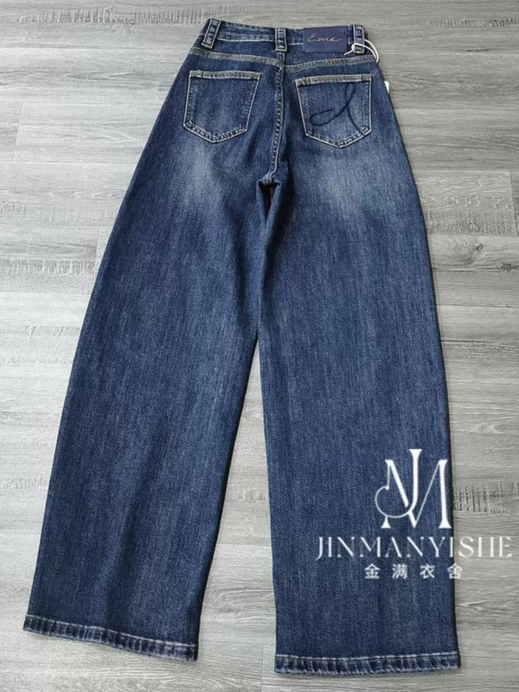 Retro washed distressed high-waisted slimming curved trousers loose and versatile twisted wide-leg jeans for women, casual long trousers