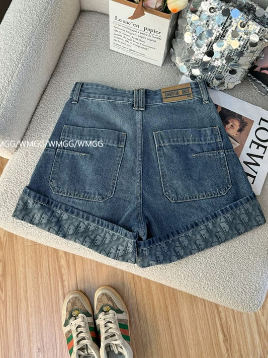 Denim shorts for women 2025 new style rolled jacquard heavy high waist versatile chic Korean style casual pants