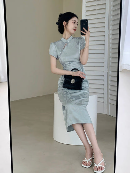 FT GUOGE blue new Chinese style dress for women 2024 new summer style, beautiful temperament, slimming satin improved cheongsam
