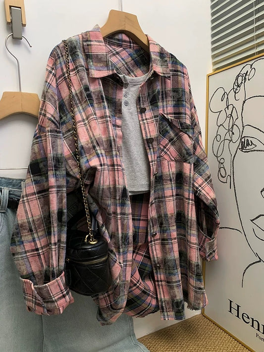 American retro style plaid shirt jacket for women spring and autumn 2025 new tie-dye shirt autumn tops
