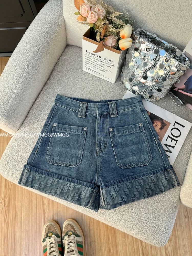 Denim shorts for women 2025 new style rolled jacquard heavy high waist versatile chic Korean style casual pants