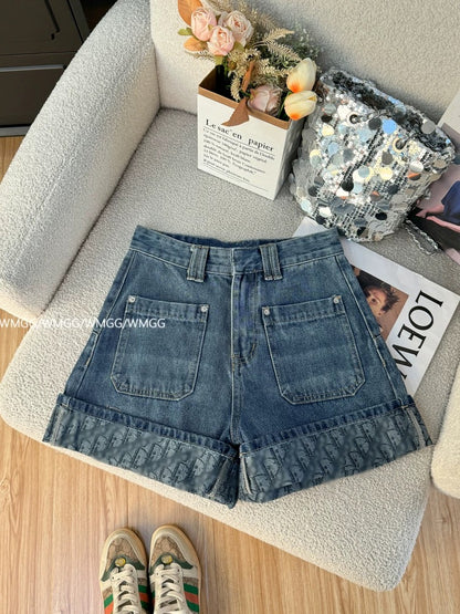 Denim shorts for women 2025 new style rolled jacquard heavy high waist versatile chic Korean style casual pants