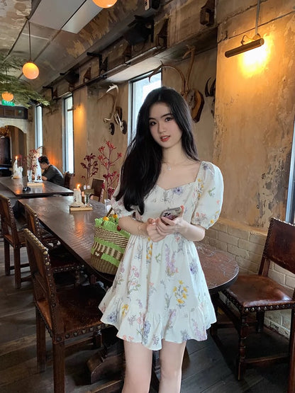 famouswang2023 new summer style temperament summer floral square collar printed dress for small women