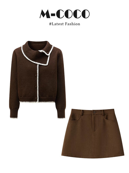 MARIECOCO New Retro Style Brown Scarf Collar Contrast Sweater Brown Slimming Skirt Set
