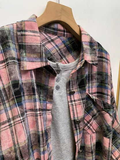 American retro style plaid shirt jacket for women spring and autumn 2025 new tie-dye shirt autumn tops