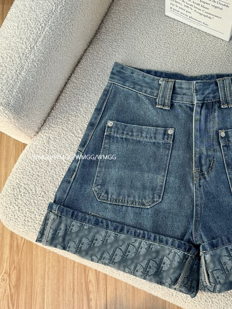 Denim shorts for women 2025 new style rolled jacquard heavy high waist versatile chic Korean style casual pants