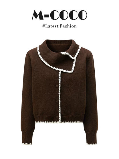 MARIECOCO New Retro Style Brown Scarf Collar Contrast Sweater Brown Slimming Skirt Set