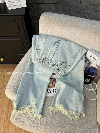 Ripped jeans for women summer thin 2025 new style washed distressed versatile raw edge tassel straight nine-point casual pants