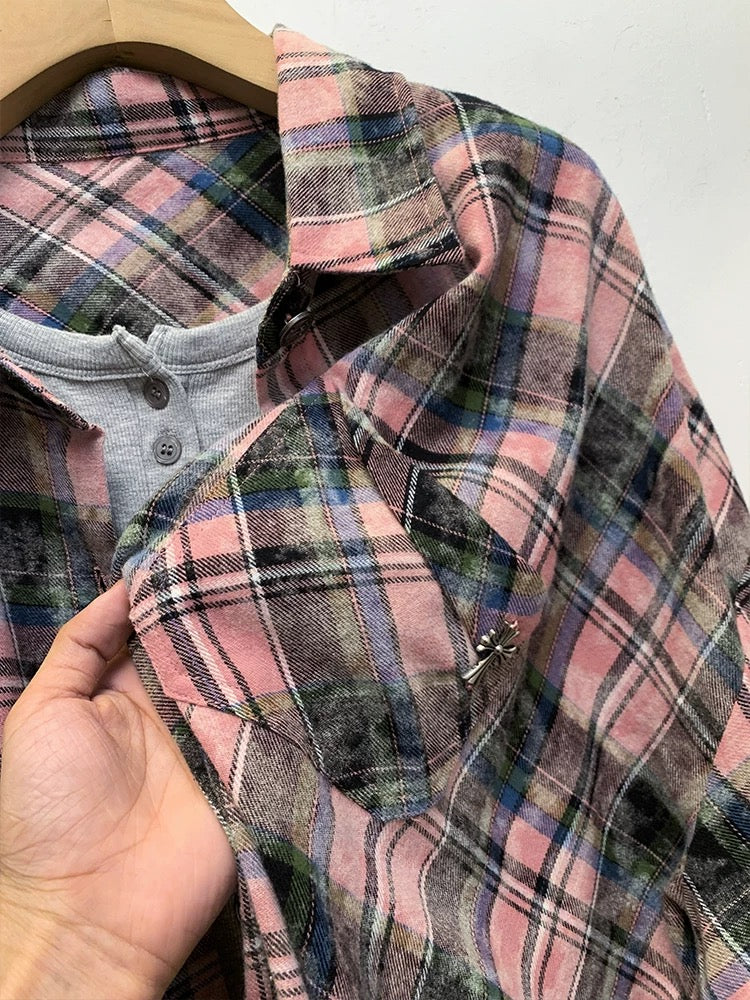 American retro style plaid shirt jacket for women spring and autumn 2025 new tie-dye shirt autumn tops