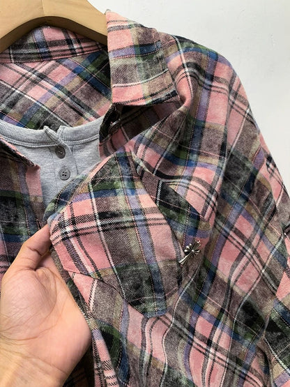 American retro style plaid shirt jacket for women spring and autumn 2025 new tie-dye shirt autumn tops