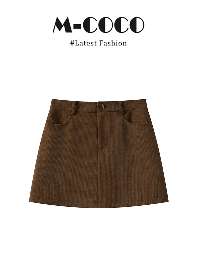 MARIECOCO New Retro Style Brown Scarf Collar Contrast Sweater Brown Slimming Skirt Set