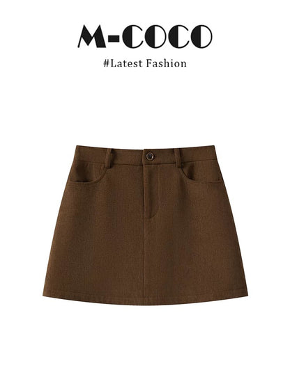 MARIECOCO New Retro Style Brown Scarf Collar Contrast Sweater Brown Slimming Skirt Set