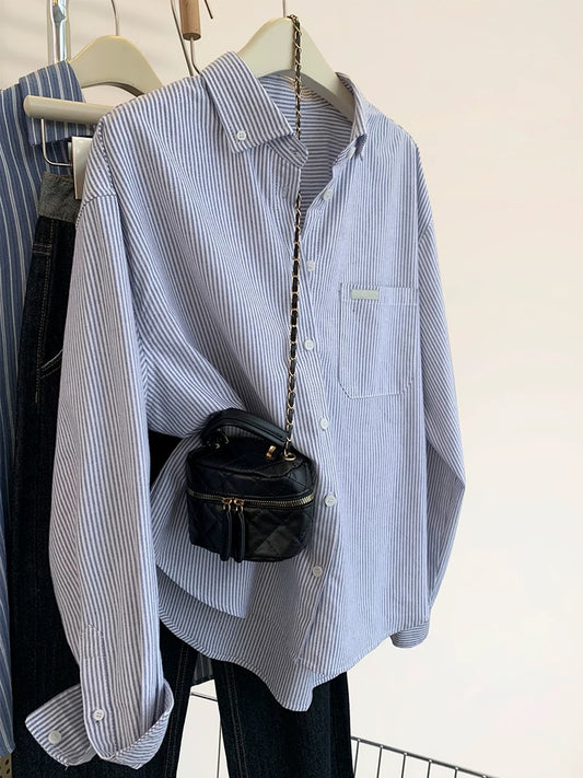European goods blue striped shirt jacket for women autumn and winter design age-reducing long sleeves spring and autumn inner wear bottoming shirt top