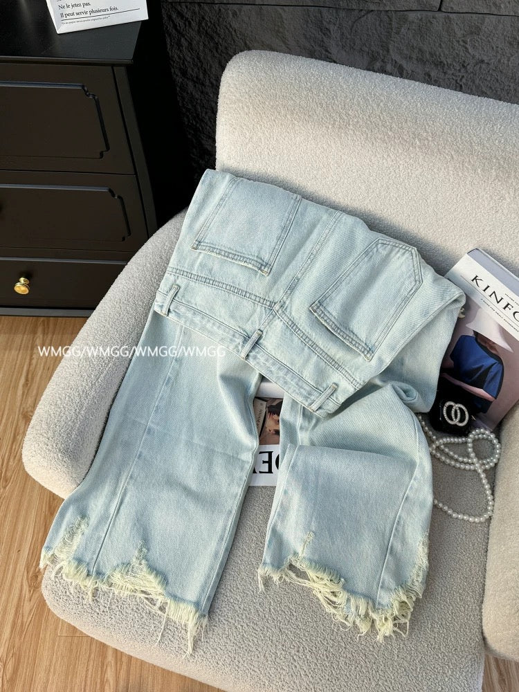 Ripped jeans for women summer thin 2025 new style washed distressed versatile raw edge tassel straight nine-point casual pants
