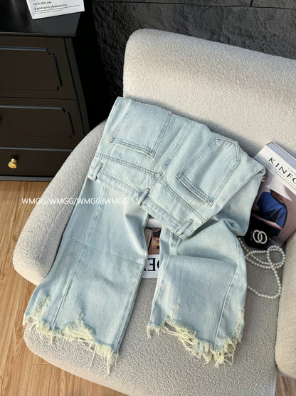 Ripped jeans for women summer thin 2025 new style washed distressed versatile raw edge tassel straight nine-point casual pants
