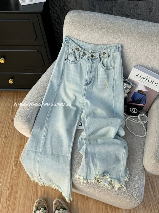 Ripped jeans for women summer thin 2025 new style washed distressed versatile raw edge tassel straight nine-point casual pants