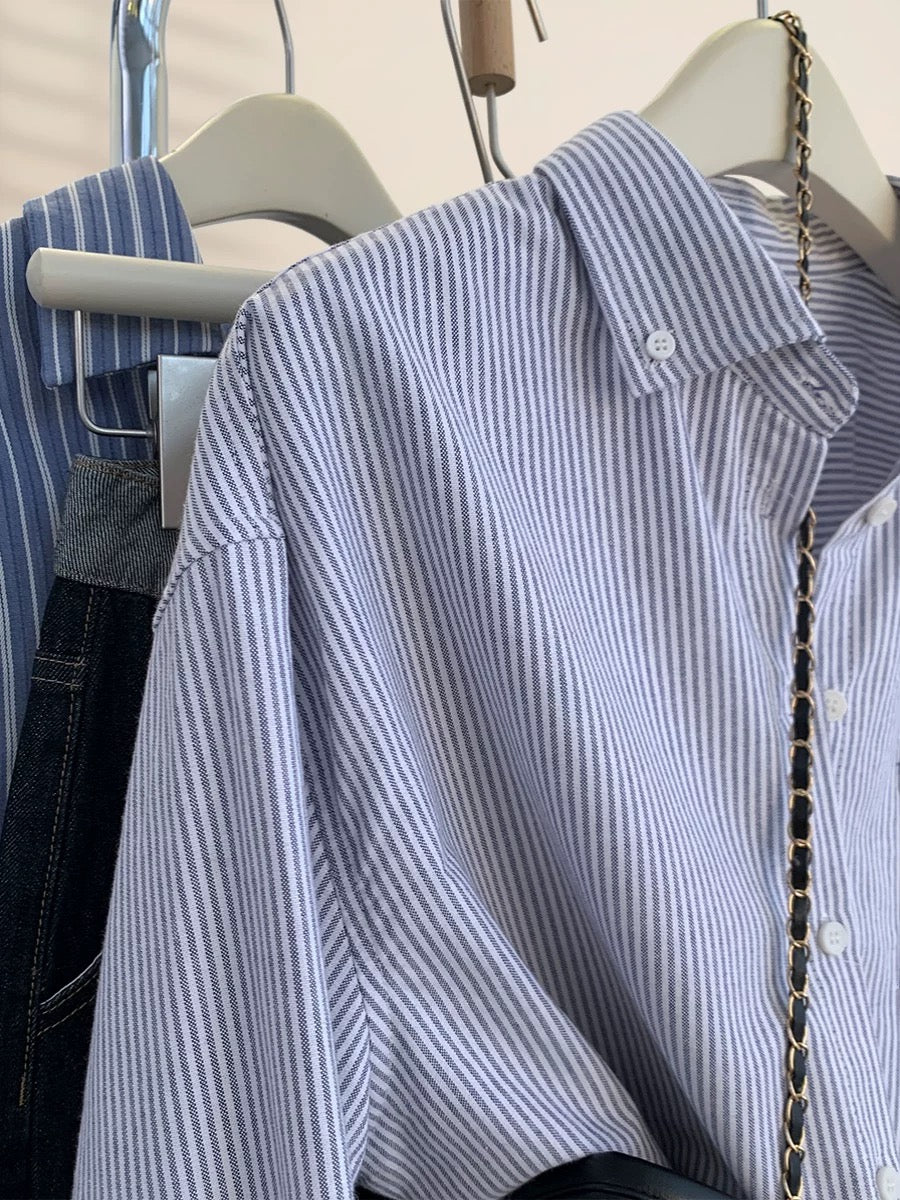European goods blue striped shirt jacket for women autumn and winter design age-reducing long sleeves spring and autumn inner wear bottoming shirt top